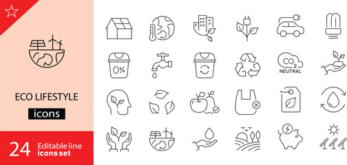 Eco lifestyle icons set. Includes symbols of sustainability, recycling, green living, renewable energy, and environmental care. Editable stroke. Vector illustration. Outline icons.