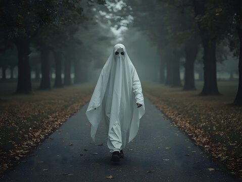 Teen dressed as a ghost in a white sheet, walking through misty park with fallen leaves - Powered by Adobe