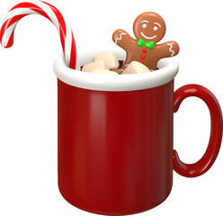 3d hot chocolate cup with candy cane,  gingerbread man and marshmallows