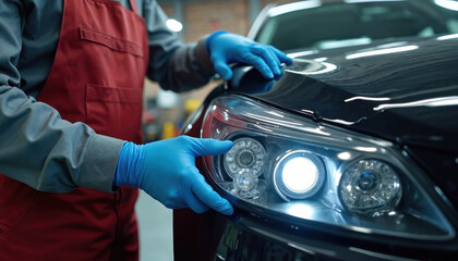 Car mechanic fixes headlamp in workshop. Specialist installs LED lens in auto headlight. Automotive technician repairs automobile lighting. Car service worker restores auto optics. Modern vehicle
