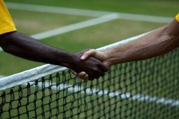 Closeup of a handshake between two tennis players of different ethnicities over a tennis net, symbolizing sportsmanship, respect, and unity in the world of competitive tennis
