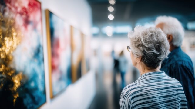 Senior couple admires colorful abstract art in modern gallery setting