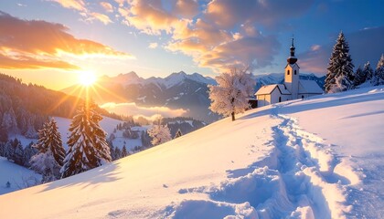 Winter wonderland landscape with snowy path and church