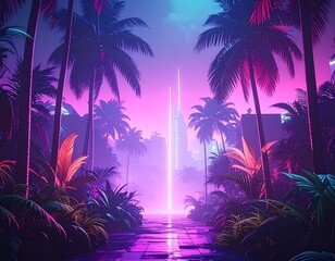 Retro-futuristic city scene with palm trees, glowing pathways, and vibrant pinks, blues, and purples under a hazy sky