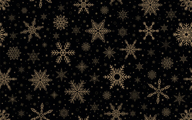 Winter seamless pattern. Festive background with golden snowflakes and stars on black. For Christmas and New Year decorations, wallpaper, wrapping paper, fabric, or digital backgrounds.