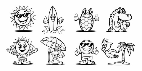 Collection of cartoon characters enjoying summer vacation activities and beach fun