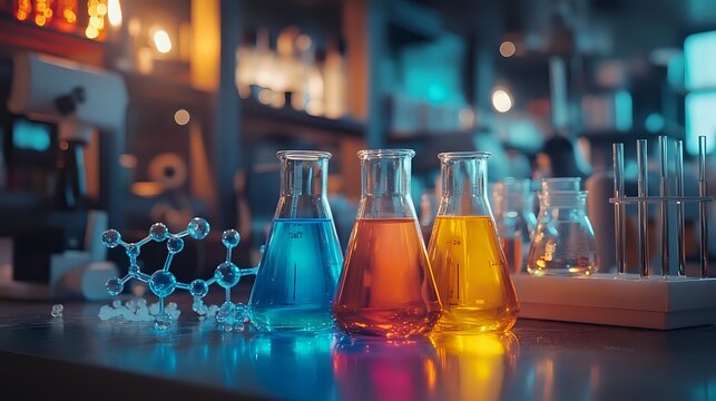 Colorful laboratory glassware with blue, red and yellow liquids on dark background with molecular structure model, scientific research concept in chemistry lab.