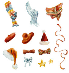 Christmas Set with clothes: santas hat, red beret, scarf, bow, stars. Watercolor hand drawn illustration