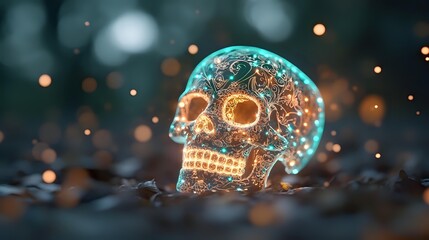 Glowing ornate sugar skull with turquoise and golden illumination against dark background with bokeh lights, celebrating Day of Dead traditions and Mexican culture.