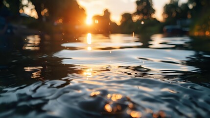 Tranquil water surface with golden sunlight reflections creating rippling patterns at sunset, peaceful nature background with bokeh effect and dark silhouettes.