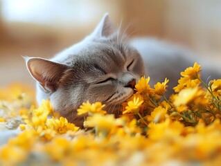 Peaceful gray cat sleeping among bright yellow flowers in garden setting, soft natural lighting creates dreamy mood for pet and nature photography.