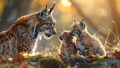 Fototapeta premium A Eurasian lynx and two of its cubs gaze lovingly at each other in golden sunlight. The mother's profile is close to the cubs
