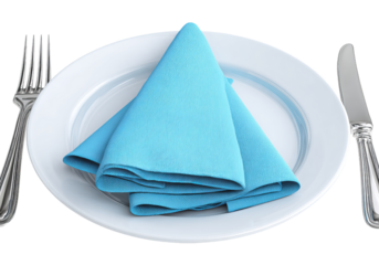White plate with blue napkin fork and knife isolated on a transparent background