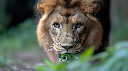 Naklejka premium Majestic male lion with intense gaze peering through green foliage, close-up portrait showing detailed facial features and distinctive mane in natural environment.