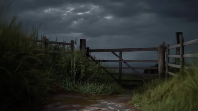 Dramatic stormy sky looms over a rustic wooden farm gate and muddy path, framed by tall grass with a distant coastal vista