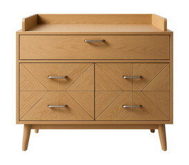 A Scandinavian-style changing dresser in light oak with geometric patterns, ideal for