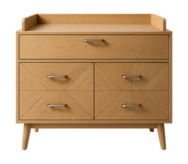 A Scandinavian-style changing dresser in light oak with geometric patterns, ideal for