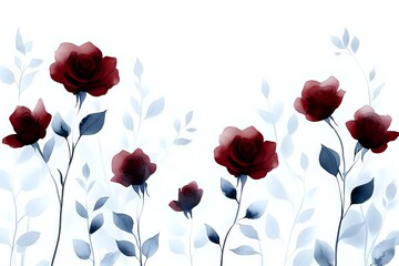 Elegant watercolor composition featuring deep red roses with navy blue leaves and stems against white background, creating romantic floral artwork for decor and design.