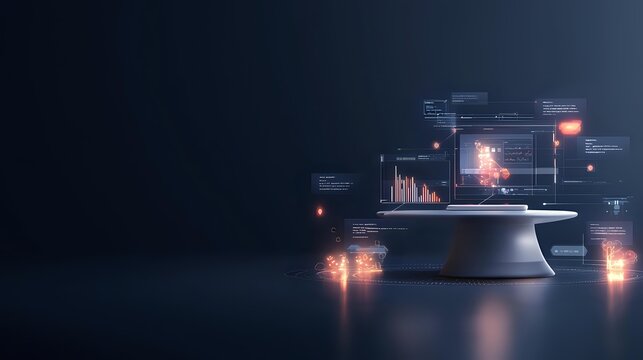 Futuristic holographic display screens with financial data and charts floating above modern pedestal in dark space with glowing orange accents and reflections.