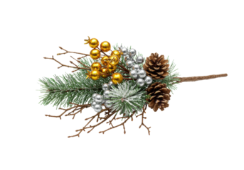 Detailed christmas sprig: golden, silvery berries, pine needles, artificial snow, glitter, pine cones on transparent background, copy space, elegant winter holiday atmosphere