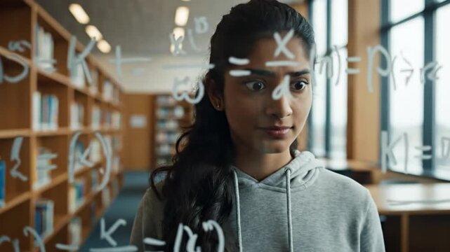 Student has a 'eureka' moment while solving a complex equation on a glass board.