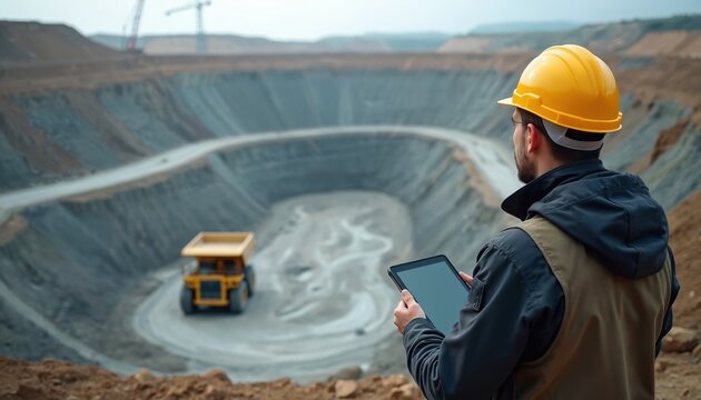 Mining engineer in hard hat holds tablet at open pit mine. Heavy dump truck operates in vast quarry site. Worker supervises industry operations using tech.