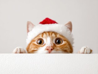 A cute ginger cat peeks over a surface, wearing a festive Santa hat, This playful image can be used for holiday marketing, social media posts, or pet-related content during the festive season,