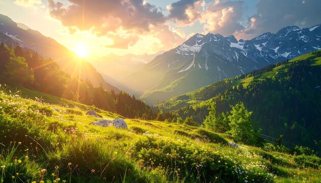 Sunny mountain valley, bright sky, and lush green meadows. Rays of sunshine break over peaks