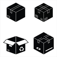 Set of four isometric cardboard shipping boxes in black and white icons for delivery and logistics