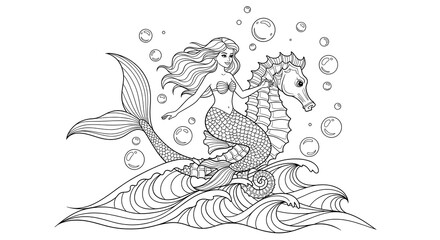 Mermaid riding a seahorse on ocean waves coloring page for kids and adults