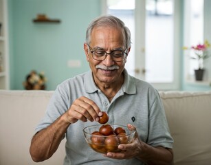Elderly indian man with glasses smiling and holding a bowl of gulab jamun, enjoying a sweet treat at home