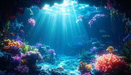 Naklejka premium Underwater cave scene with light streaming through the water, illuminating colorful corals and aquatic plants