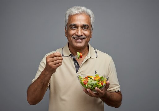 Middleaged man with gray hair smiling and eating a fresh salad with a fork from a bowl, studio portrait with a gray background