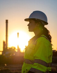 Woman in safety gear at sunset over industrial site