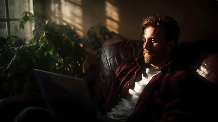Obraz premium A bearded man wearing a plaid shirt sits on a sofa working on his laptop in a room illuminated by warm natural sunlight