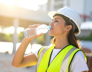 Woman in safety gear drinking water outdoors