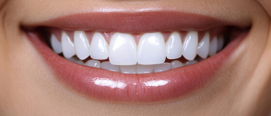 A smiling person with perfectly white teeth in close-up, a healthy, beautiful smile. Useful for advertising dental services, toothpaste, whitening products, health and beauty blogs.