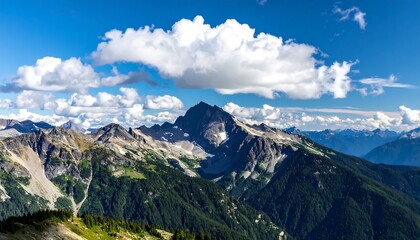 Obraz premium Mountain range scenery under blue sky dotted with fluffy white clouds and green forest on the slopes below