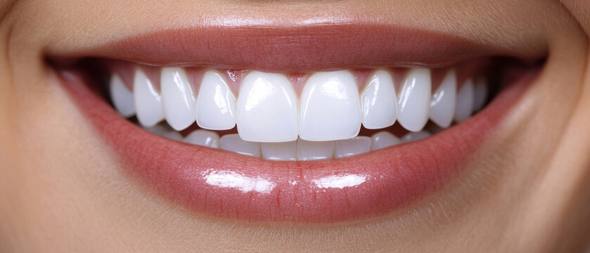 A smiling person with perfectly white teeth in close-up, a healthy, beautiful smile. Useful for advertising dental services, toothpaste, whitening products, health and beauty blogs.
