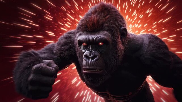 Furious gorilla cosmic energy fiery sparks muscular primate dynamic motion, roaring beast charges through glowing particles fierce space explosion with fire, asteroid debris, angry red eye cinematic