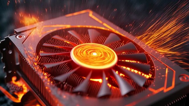 High performance graphics card cooling fan heat flame spark overclock gaming pc hardware technology power metal black orange detail closeup desktop workstation overheating hot thermal performance