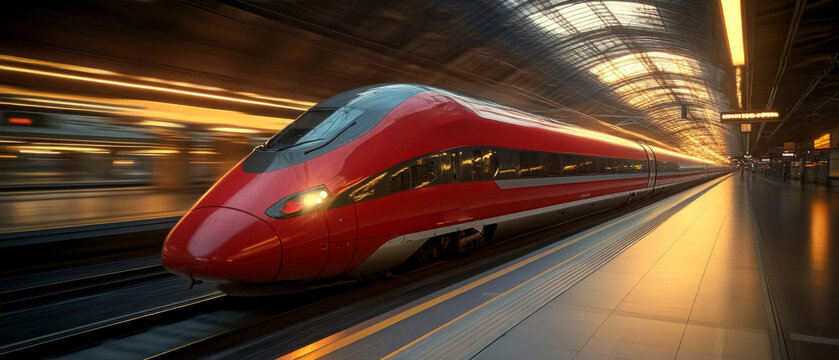 A high-speed red train on the platform at a modern station — transportation, travel, the dynamics of city life.
