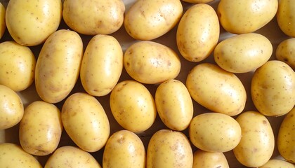 A top-down view displays a vibrant collection of fresh, golden potatoes scattered across a neutral surface. Their smooth, rounded forms are highlighted