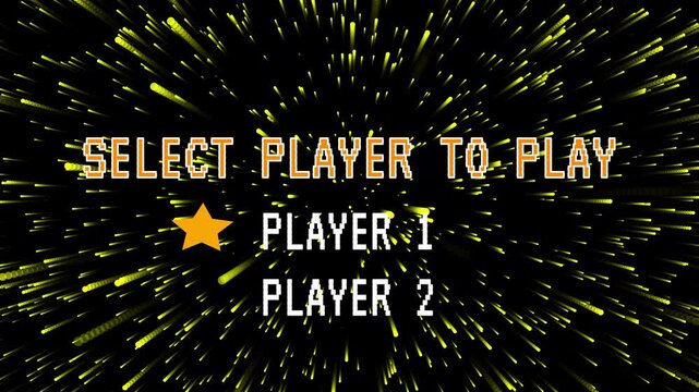 Select player to play the game. Retro game menu animation featuring pixelated player selection screen with star cursor on black background. 4K video animation
