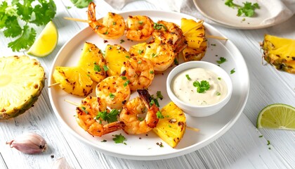 Grilled shrimp and pineapple skewers, served with a creamy sauce
