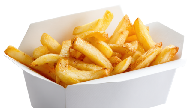 French fries bursting out from a white paper box isolated on a white background