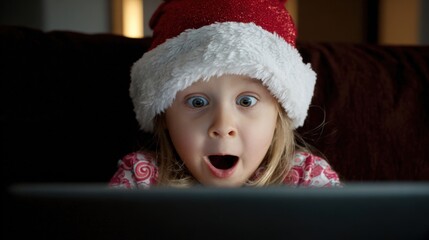 A young girl wearing a festive hat expresses sheer delight while gazing at a screen, capturing the joy of excitement during holiday seasons