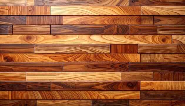 Wood planks of varying hues and grain arranged horizontally in a staggered pattern forming a textured surface