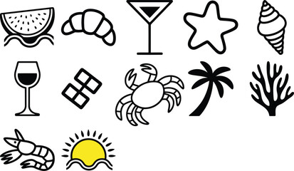 Summer vacation icons of food, drinks, and ocean life for travel and leisure designs