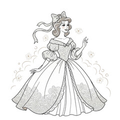 Fototapeta premium Elegant Princess Coloring Page – Beautiful Lady in Vintage Dress with Flowers, Black and White Line Art for Kids and Adults